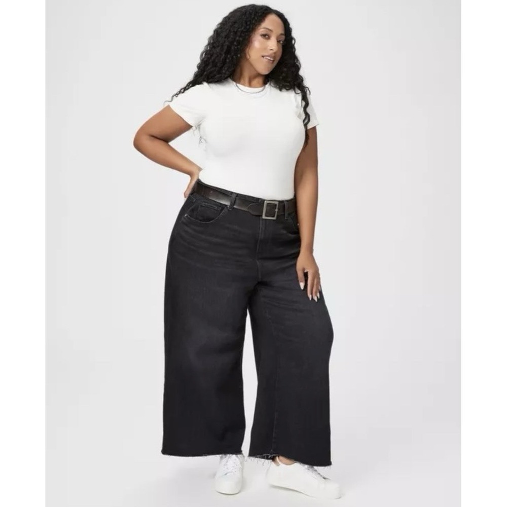 NEW Paige Anessa Raw Hem Jeans Black‎ Lotus Wide Leg Ankle Denim 22W 27" Inseam